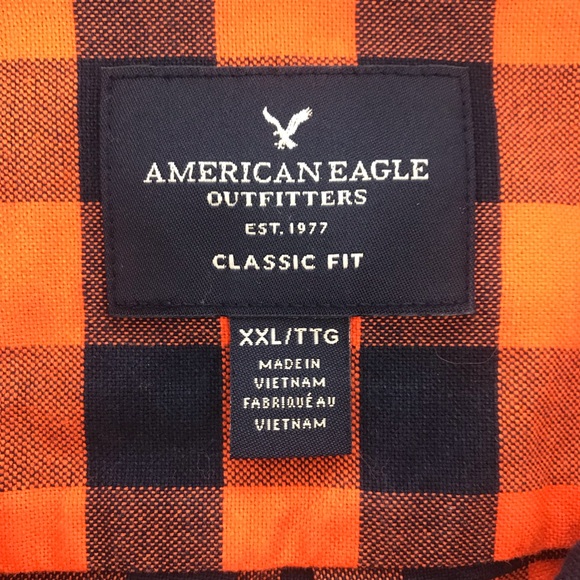AMERICAN EAGLE navy & orange plaid button down - Picture 5 of 7